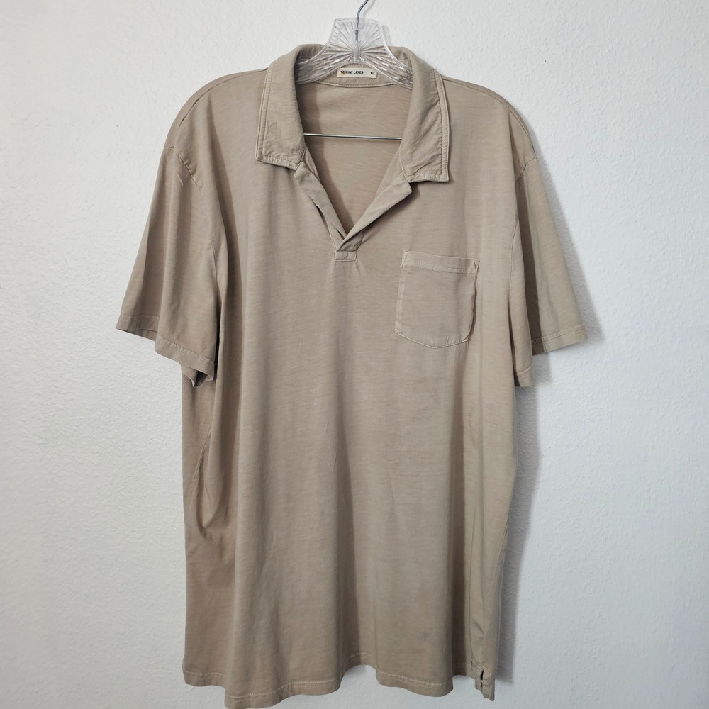 Marine Layer Mens XL Tan Khaki Slub Cotton Johnny Collar Pocket Polo Shirt